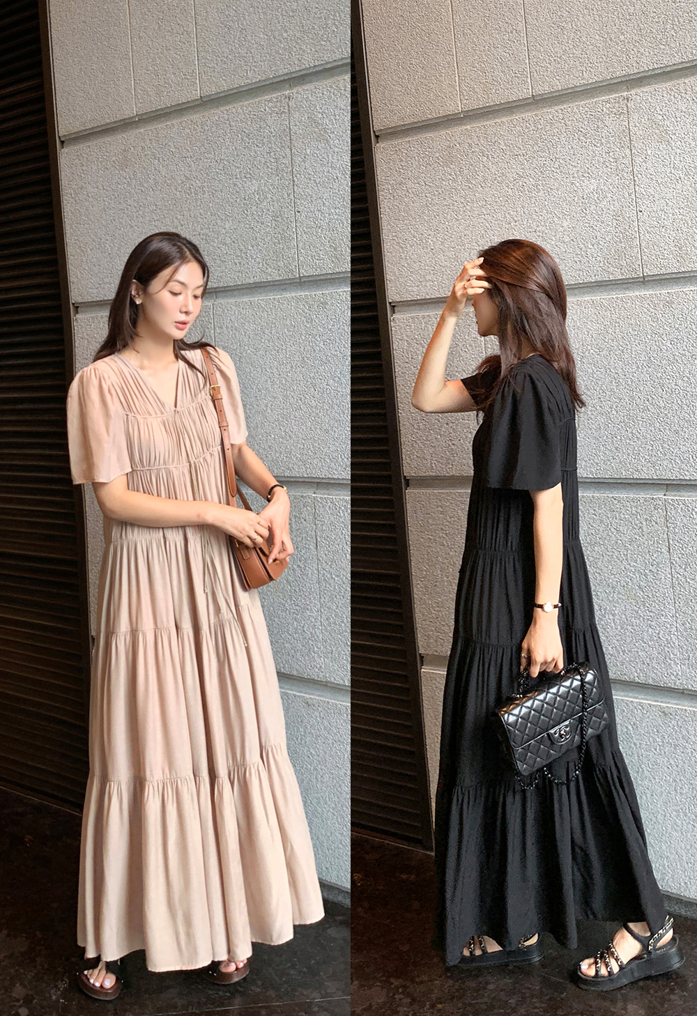 밴딩셔링 절개 플레어 롱원피스
