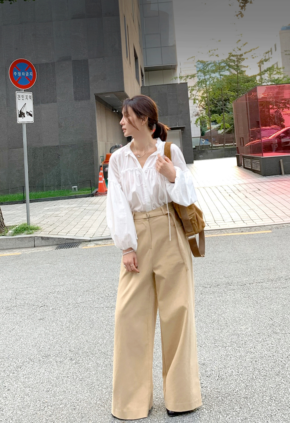 벨티드 스티치 코튼 와이드팬츠